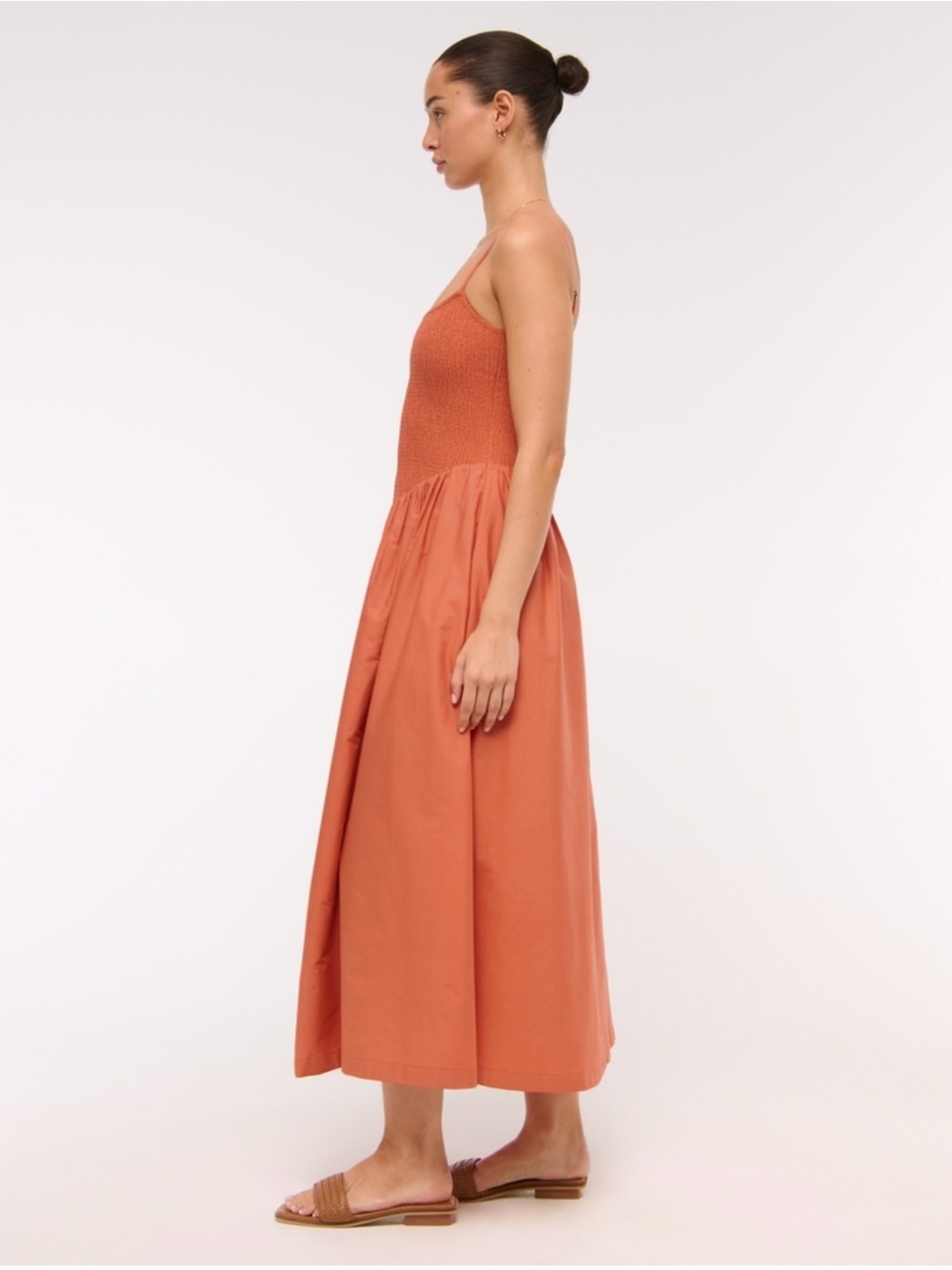 NWT Smocked Bodice Spaghetti Strap Midi Dress in Rust